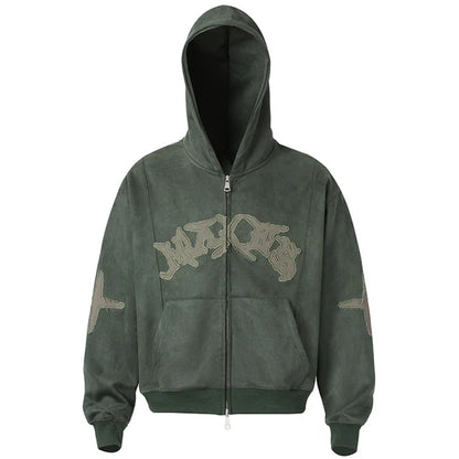 Y2K Vintage Suede Patchwork Zip Up Hoodie