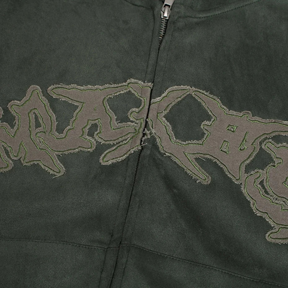 Y2K Vintage Suede Patchwork Zip Up Hoodie