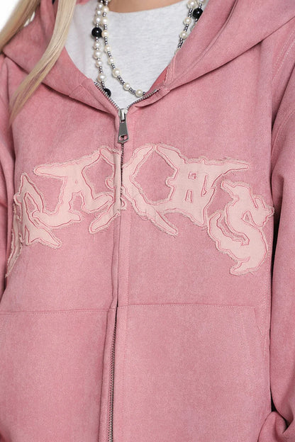 Y2K Vintage Suede Patchwork Zip Up Hoodie