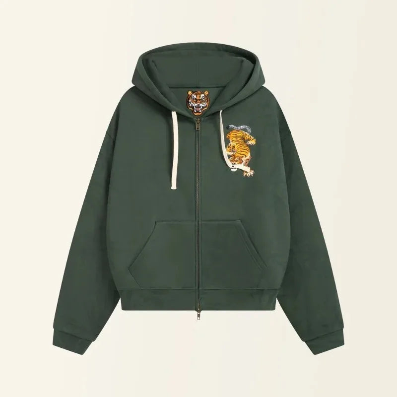 Y2K Vintage Tiger Embroidered Green Zip Up Hoodie