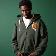 Y2K Vintage Tiger Embroidered Green Zip Up Hoodie