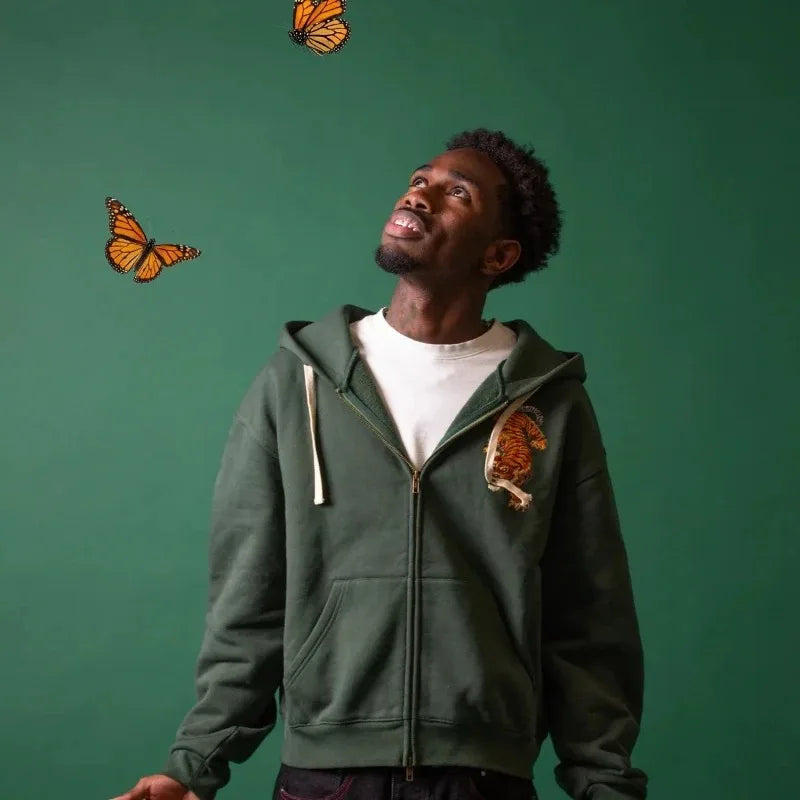 Y2K Vintage Tiger Embroidered Green Zip Up Hoodie