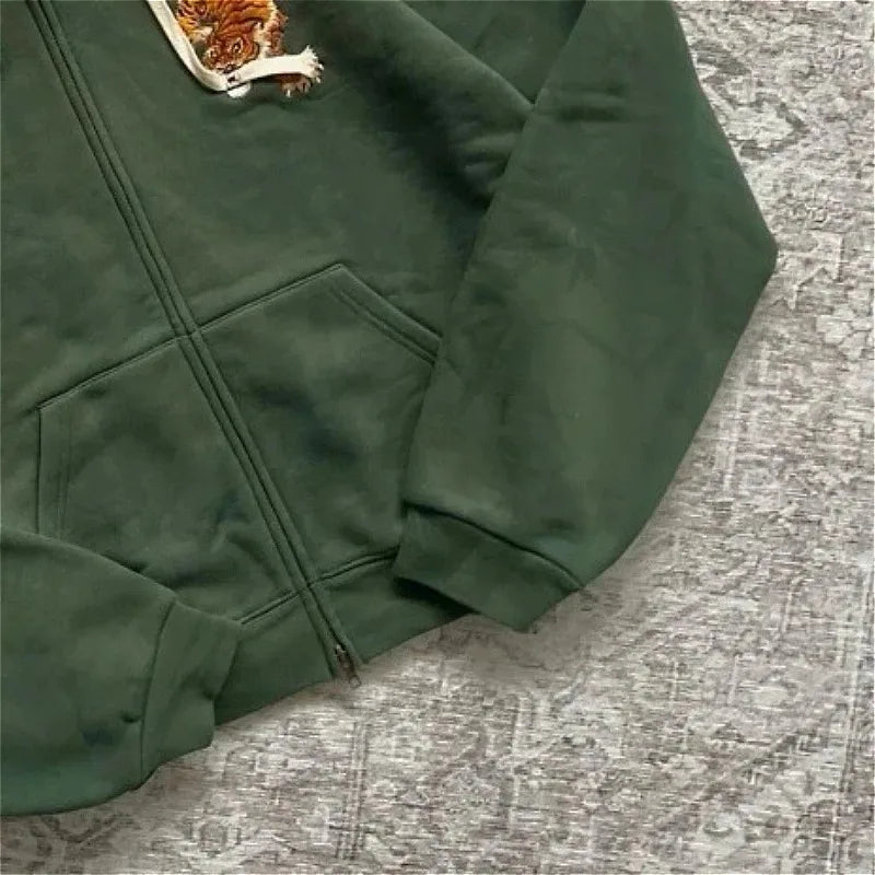 Y2K Vintage Tiger Embroidered Green Zip Up Hoodie