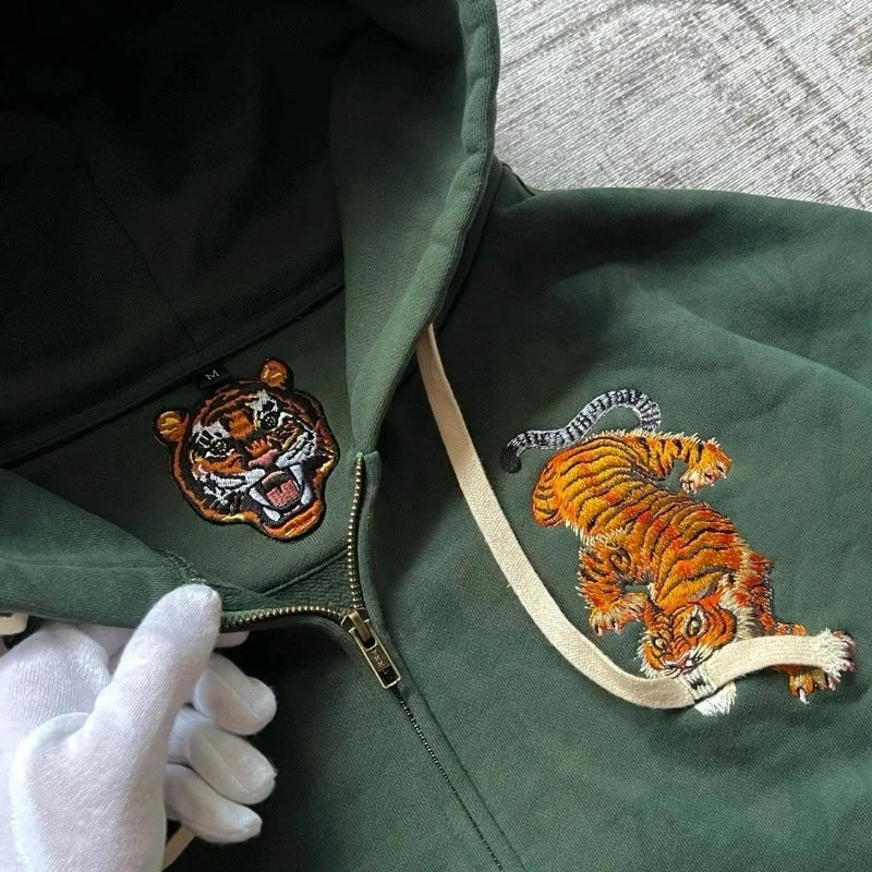 Y2K Vintage Tiger Embroidered Green Zip Up Hoodie