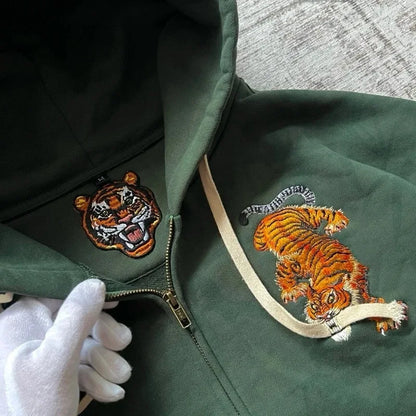 Y2K Vintage Tiger Embroidered Green Zip Up Hoodie