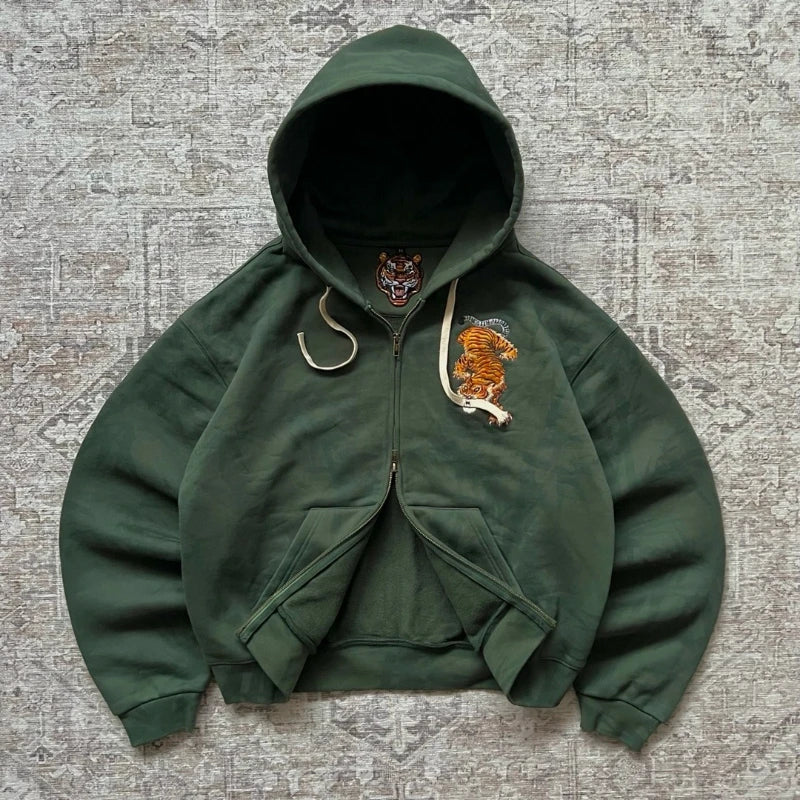 Y2K Vintage Tiger Embroidered Green Zip Up Hoodie