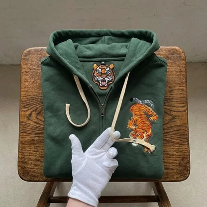 Y2K Vintage Tiger Embroidered Green Zip Up Hoodie