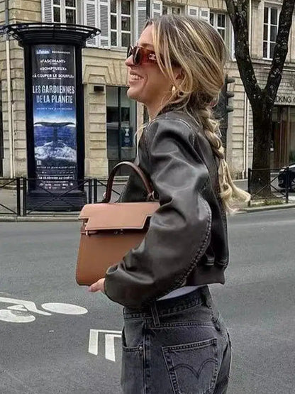 Y2K Vintage Washed Cropped Leather Jacket