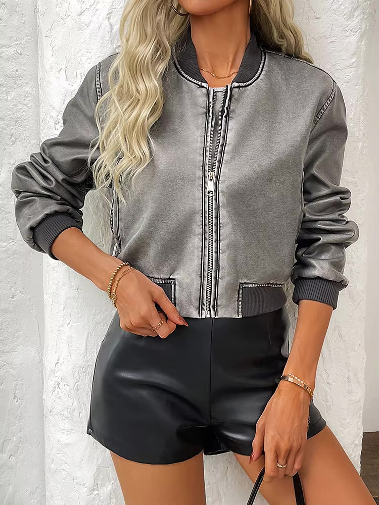 Y2K Vintage Washed Cropped Leather Jacket