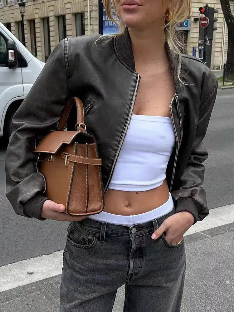 Y2K Vintage Washed Cropped Leather Jacket