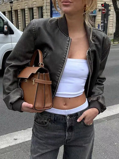 Y2K Vintage Washed Cropped Leather Jacket