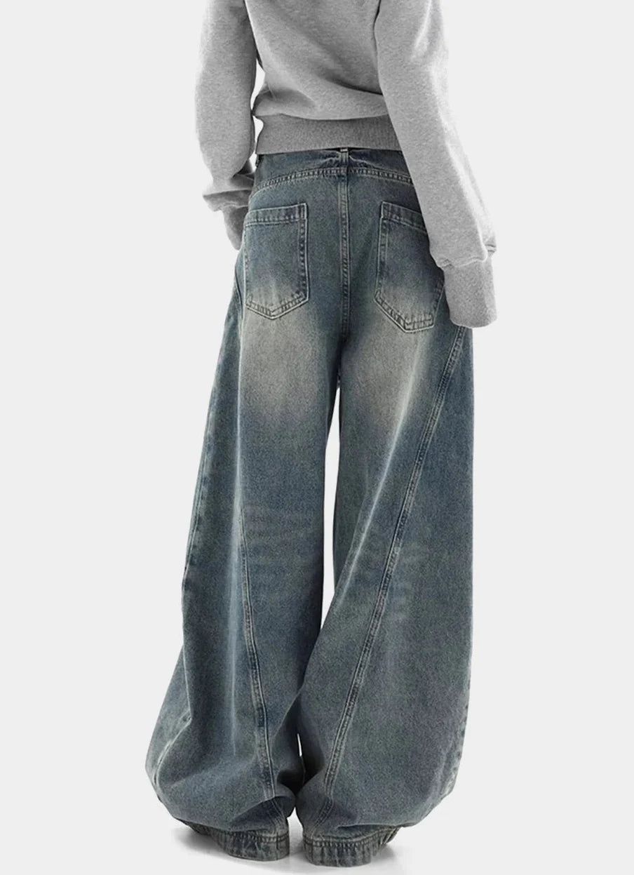 Y2K Washed Essentials Denim Curved Baggy Barrel Jeans