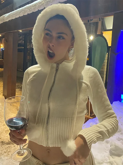 Y2K White Plush Crop Zip Up Hoodie