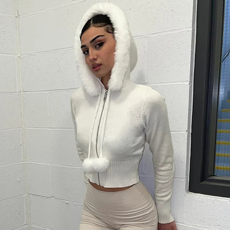 Y2K White Plush Crop Zip Up Hoodie