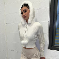 Y2K White Plush Crop Zip Up Hoodie
