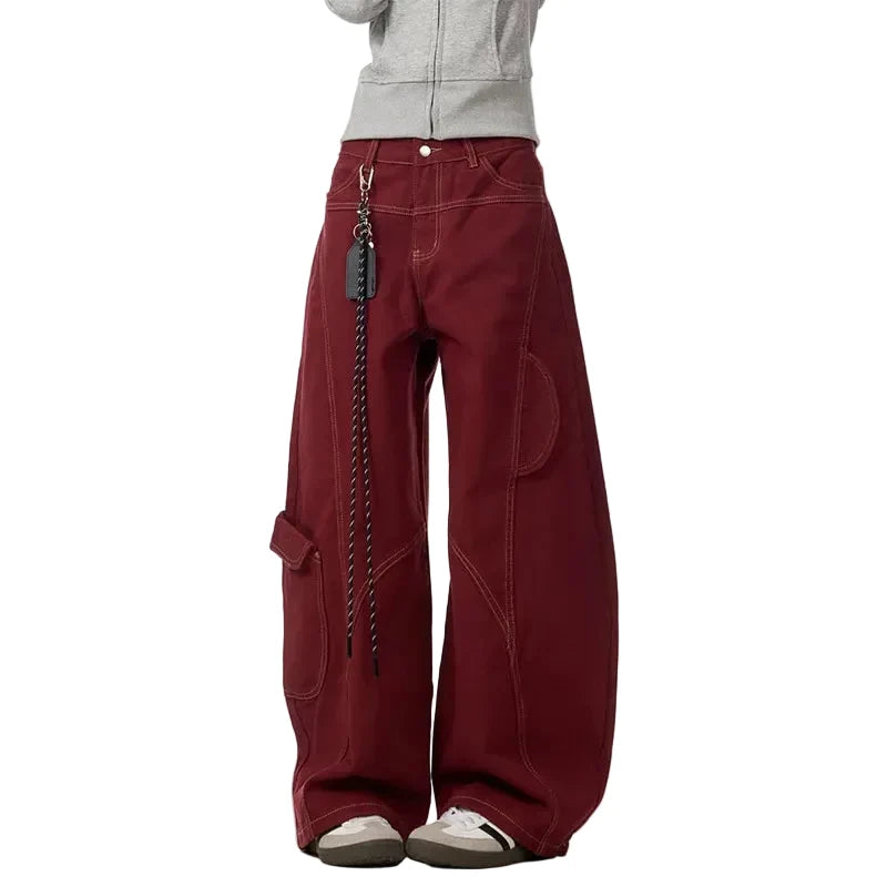 Y2K Wine Red Vintage High Waisted Baggy Barrel Jeans