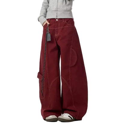 Y2K Wine Red Vintage High Waisted Baggy Barrel Jeans