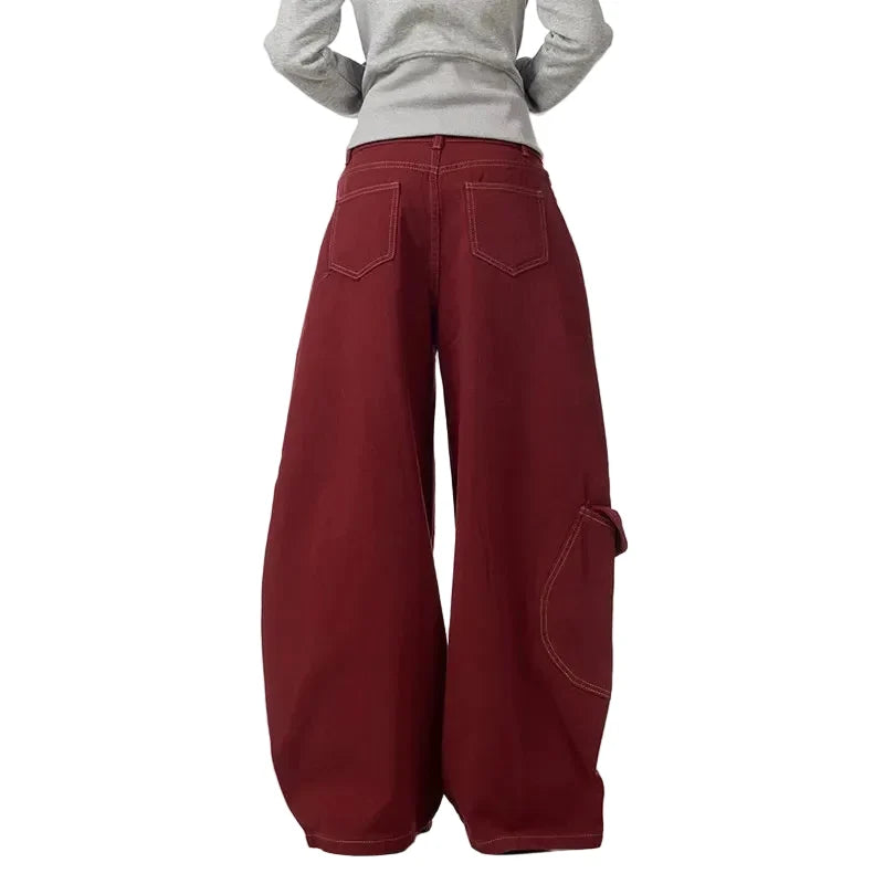Y2K Wine Red Vintage High Waisted Baggy Barrel Jeans