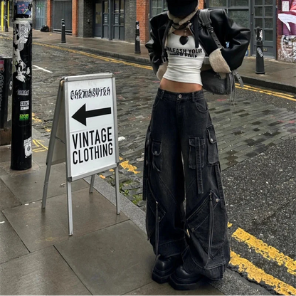 Y2K Womens Black Baggy Gothic Cargo Jeans