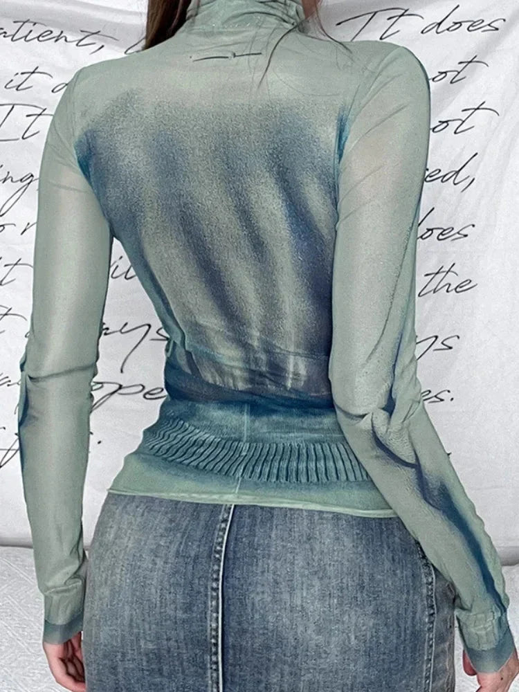 Y2K Womens Long Sleeve Turtle Neck Graphic Top