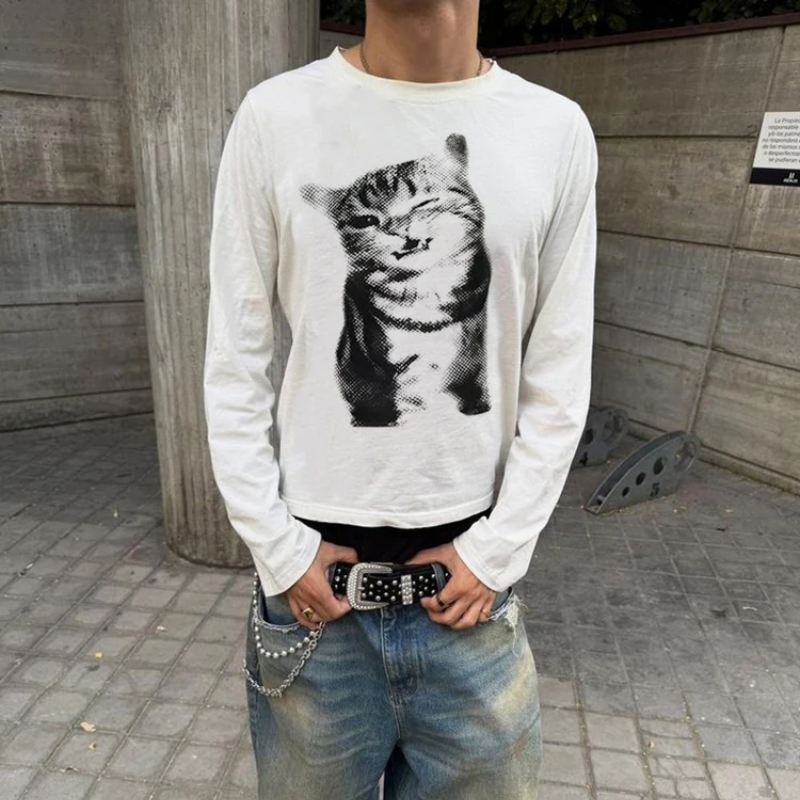 Y2K Meow Graphic Long Sleeve Top