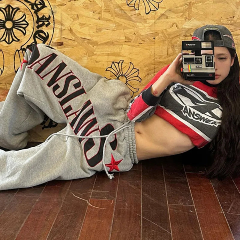 Y2k American Embroidered High Waist Sweatpant Joggers Trousers