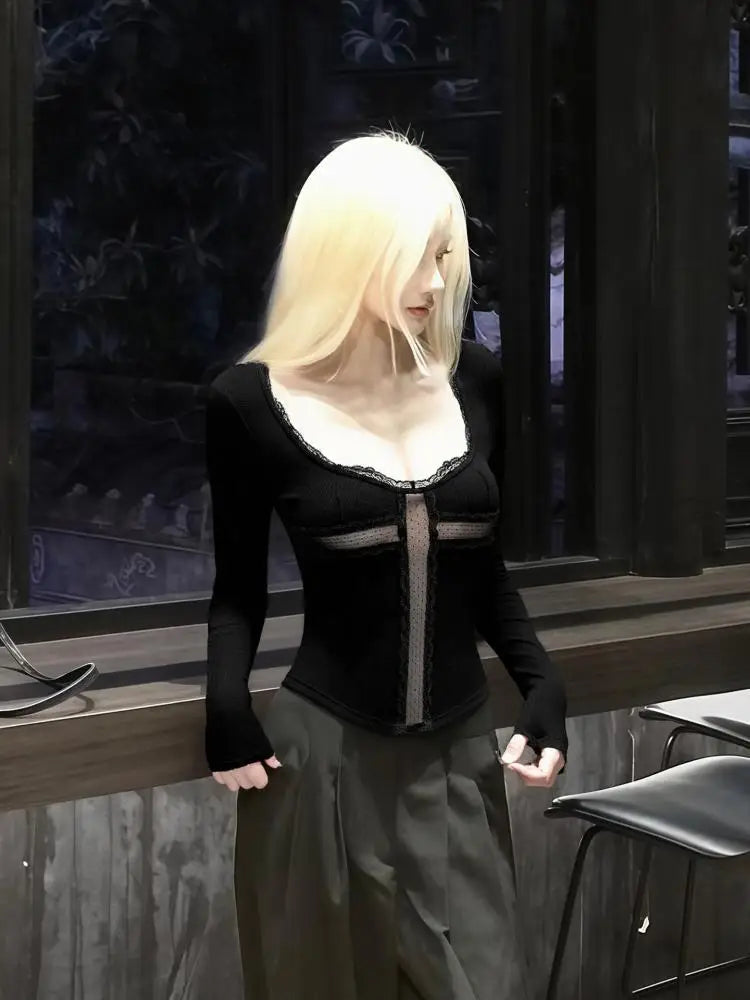 Y2k Patchwork Cross Sheer Cropped Long Sleeve Top