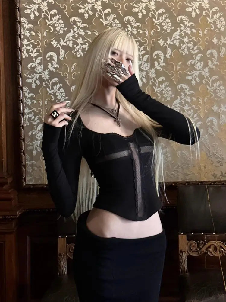Y2k Patchwork Cross Sheer Cropped Long Sleeve Top