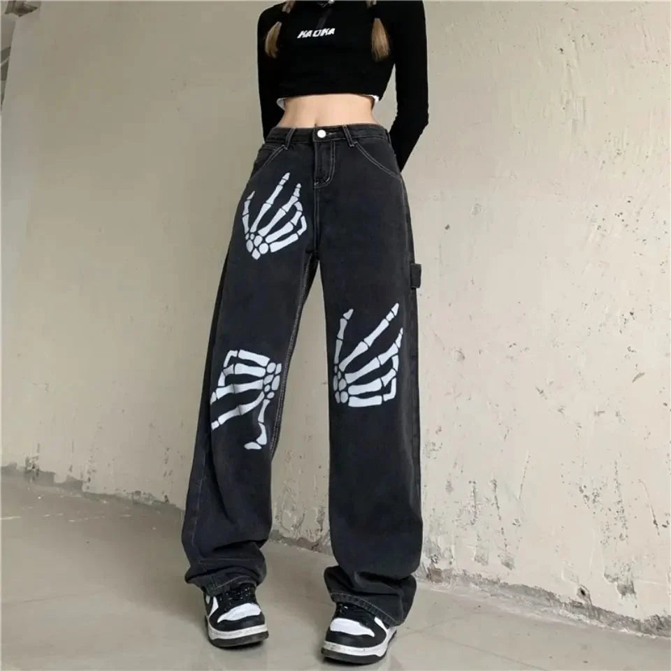 Y2k Skeleton Hands Graphic Baggy Jeans