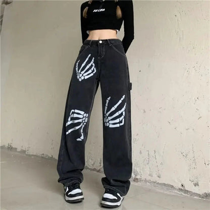 Y2k Skeleton Hands Graphic Baggy Jeans