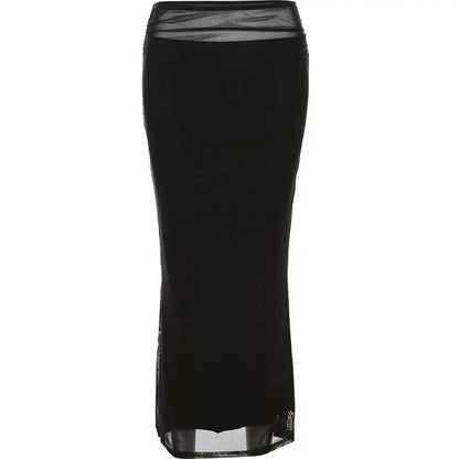 Y2k Slim Black Mesh Long Maxi Skirt