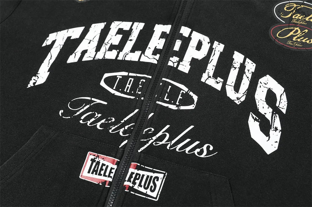 Y2k Washed Distressed Graphic Print Baggy Zip Up Hoodie