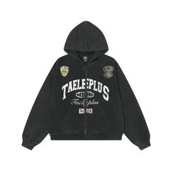 Y2k Washed Distressed Graphic Print Baggy Zip Up Hoodie