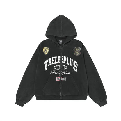 Y2k Washed Distressed Graphic Print Baggy Zip Up Hoodie