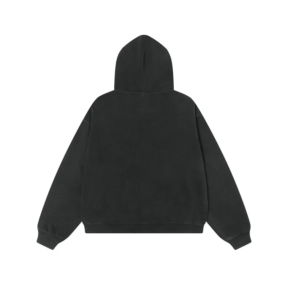 Y2k Washed Distressed Graphic Print Baggy Zip Up Hoodie