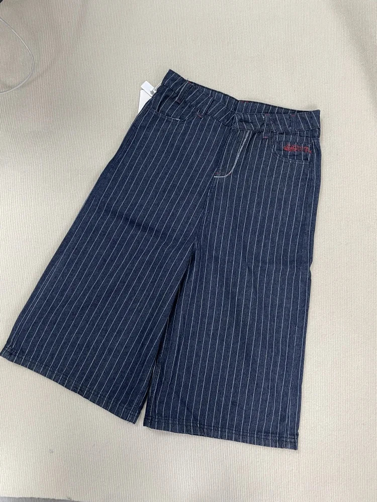 Y2k Womens Blue Long Striped Denim Shorts Jorts