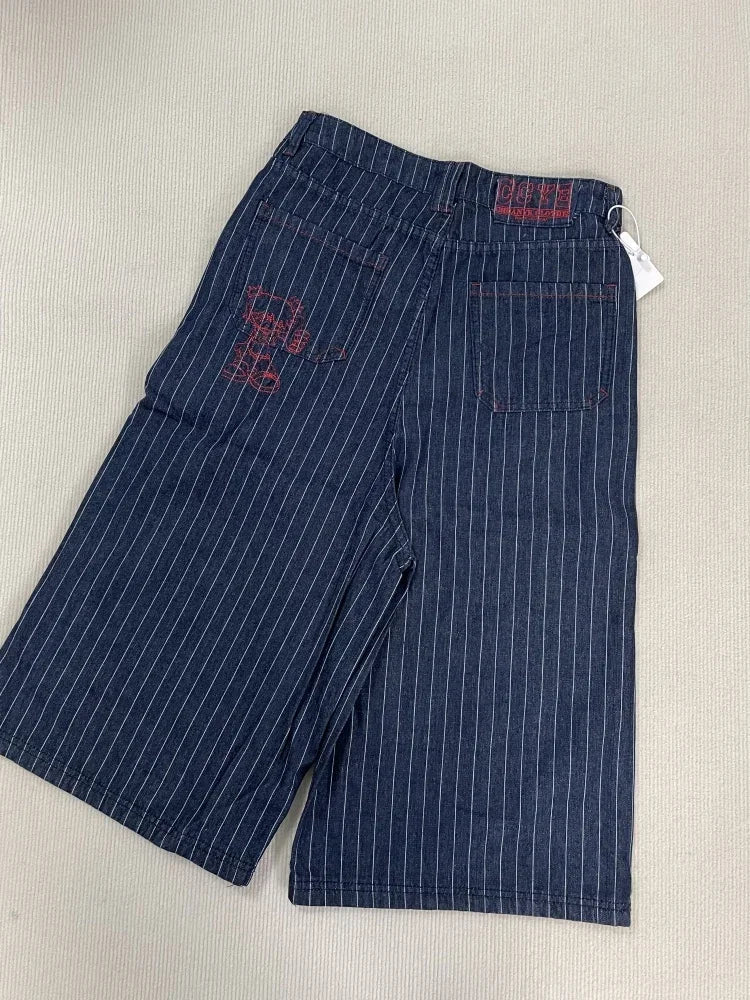 Y2k Womens Blue Long Striped Denim Shorts Jorts