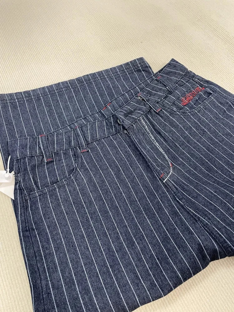 Y2k Womens Blue Long Striped Denim Shorts Jorts