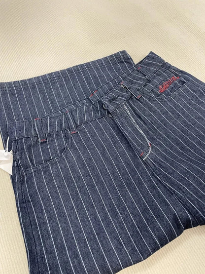 Y2k Womens Blue Long Striped Denim Shorts Jorts