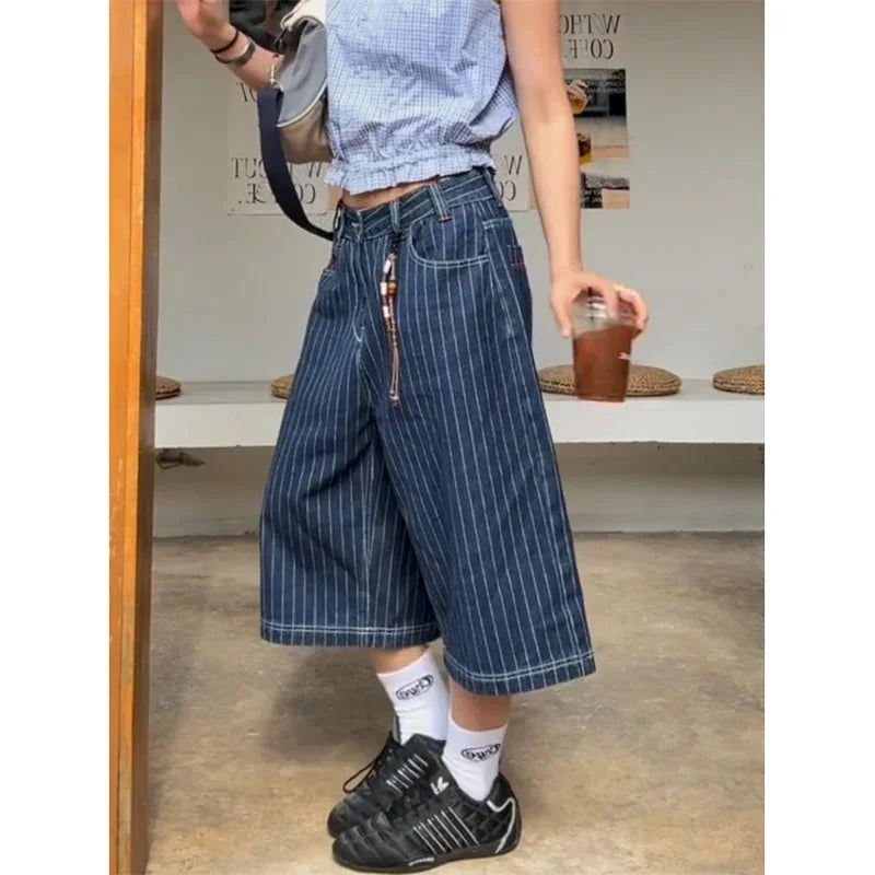 Y2k Womens Blue Long Striped Denim Shorts Jorts
