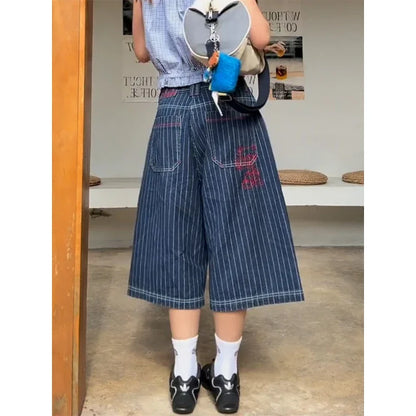 Y2k Womens Blue Long Striped Denim Shorts Jorts