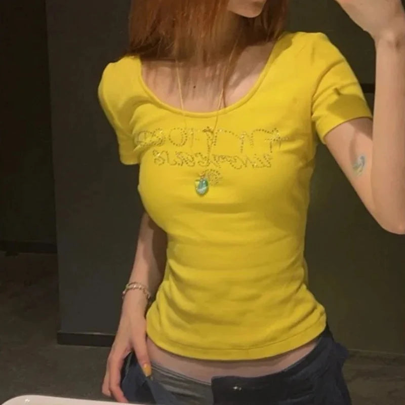Yellow Y2K Rhinestone Graphic Crop Top