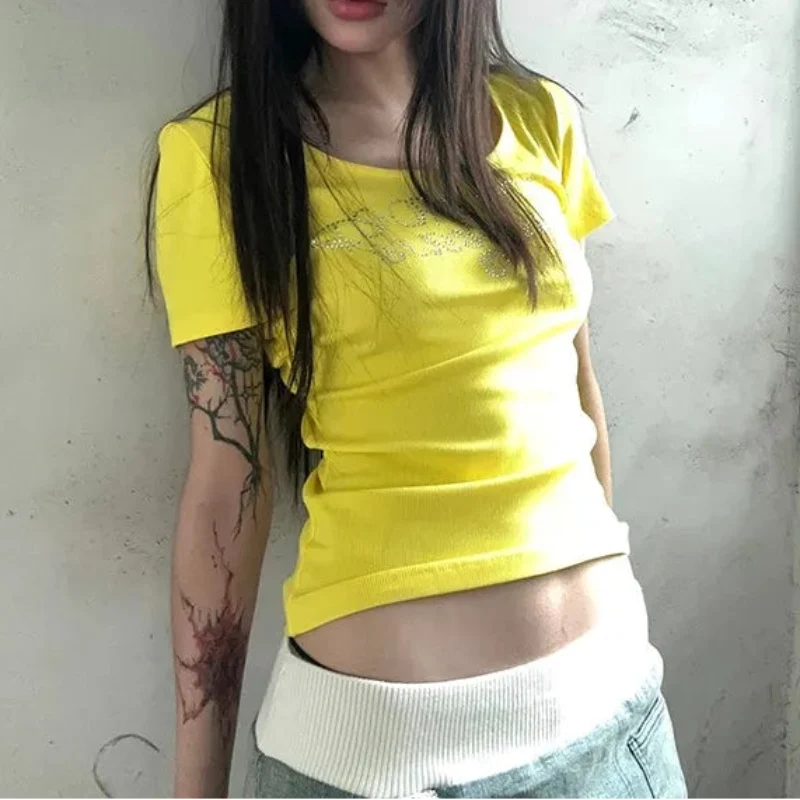 Yellow Y2K Rhinestone Graphic Crop Top